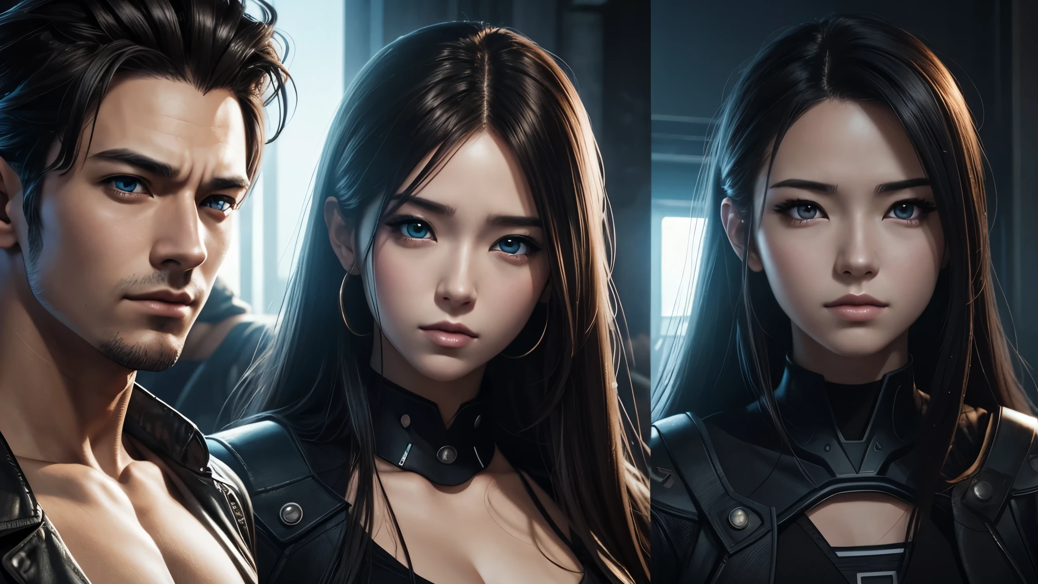 Two People, Two realities, Woman in hyper realistic style, man in anime style, epic digital painting, 