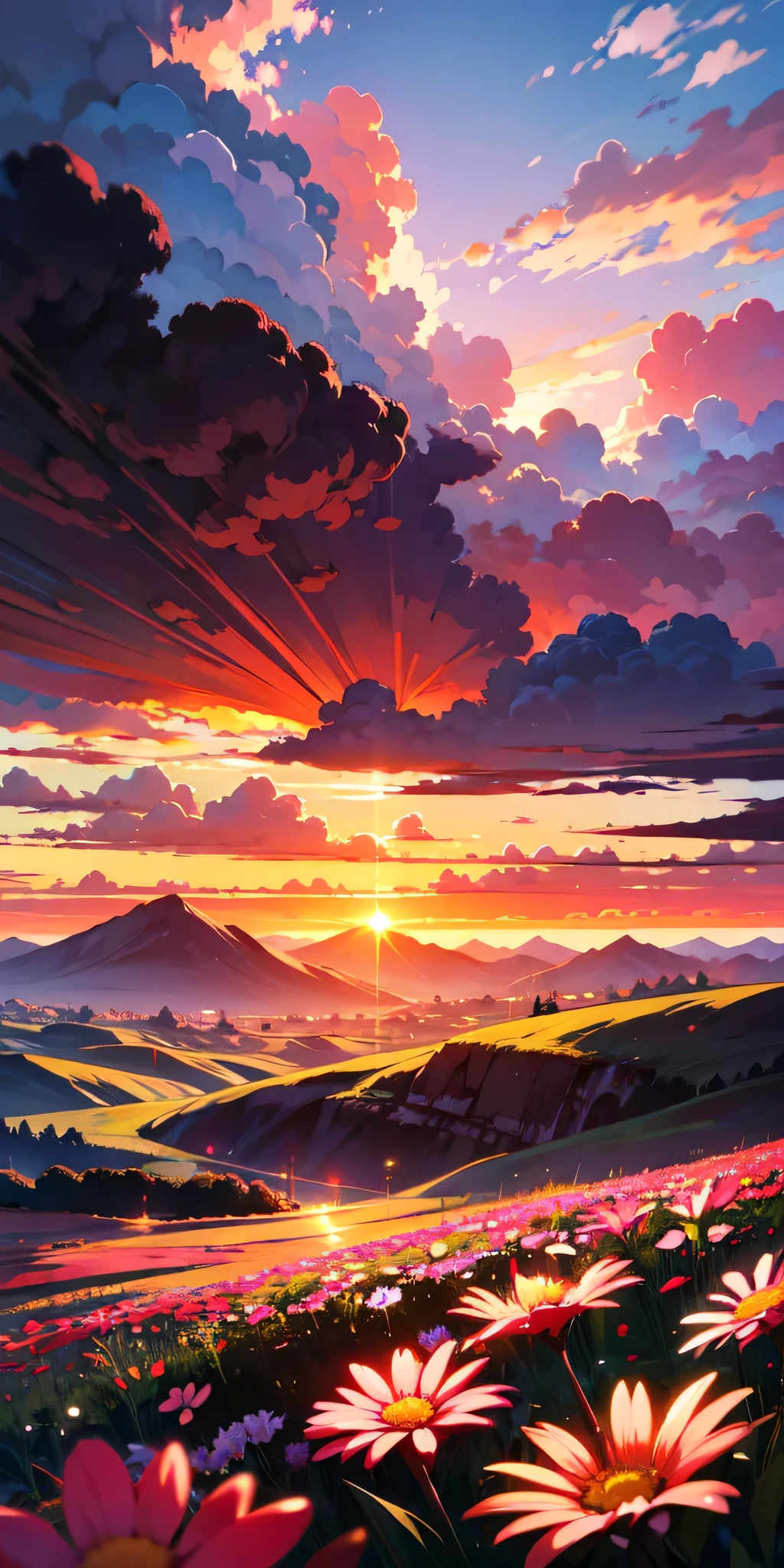 Dreamy anime scenery, red sunset, red clouds, beautiful landscape nature, colourful flowers, winning award artwork 