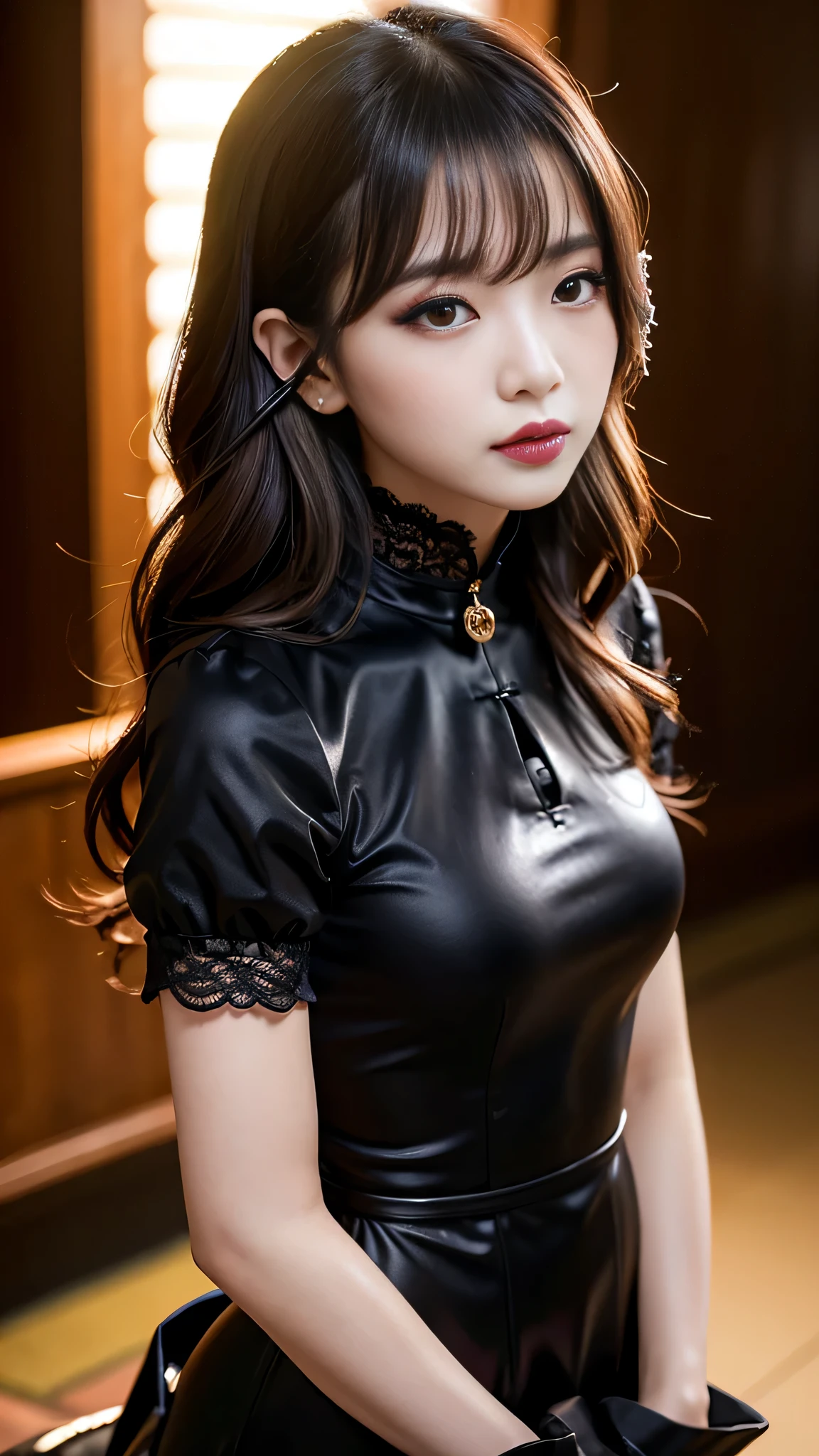 tra-detailed、Japanese、Seductive beauty、seductive adult woman、Pretty Woman、cool girl、brown hair、wavy hair、swept bangs、piercing eyes、hollow eyes、half-closed eyes、Hollow Eyes、Purple Eyeshadow、black lipstick、black lip gloss、dark makeup、smirk、Whisper in my ear、Evil expression、Long Black Cheongsam、Black wide sleeves、High heels、Evil cadres、Fallen into evil、brainwash、mind control、evil、Church at night、