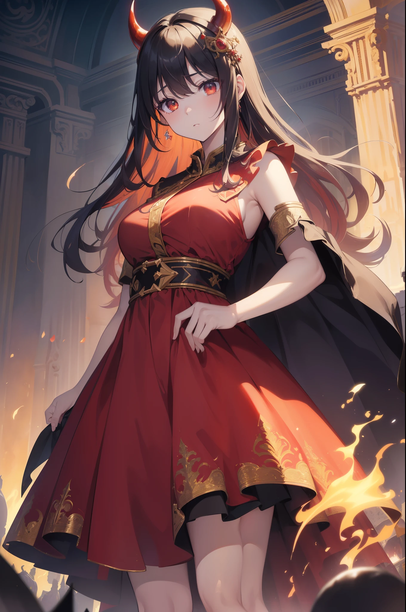 (((masterpiece))、realisitic, (High image quality, ultra-high resolution, full color)), (((Ancient fantasy)), (((s girl))), solo、Red Flame Eyes、Eyes glow、(((devil girl))), (((In the sky)), (((Royal costume)))、Overwhelming、Tremendous aura、purgatory、hellfire、Fire robbery、Greatest、destruction、Demon King City、Huge and overwhelming castle interior、Dense、detaileds、Powerful composition for the subject、Blur the background