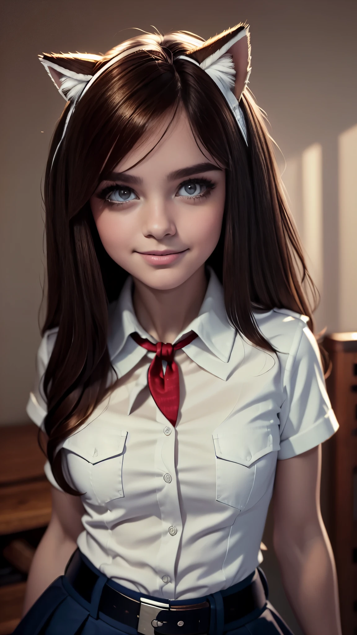 very young slim fit girl, (full body shot:1.2), (rounded face:1.2), very long disheveled dark brown hair, big brown eyes, shy smile, accurate eyebrows, perfect flat breast, band on head with fake cat ears, parororo, pioneer neckerchief, blue thight microskirt, bangs, shirt, collarbone, white shirt, short sleeves, (collared shirt:1.3), belt, eyelashes, (red neckerchief:1.1), breast pocket, accurate small snub nose, ariawm, (lock of hair hangs down between the eyes:1.2) 