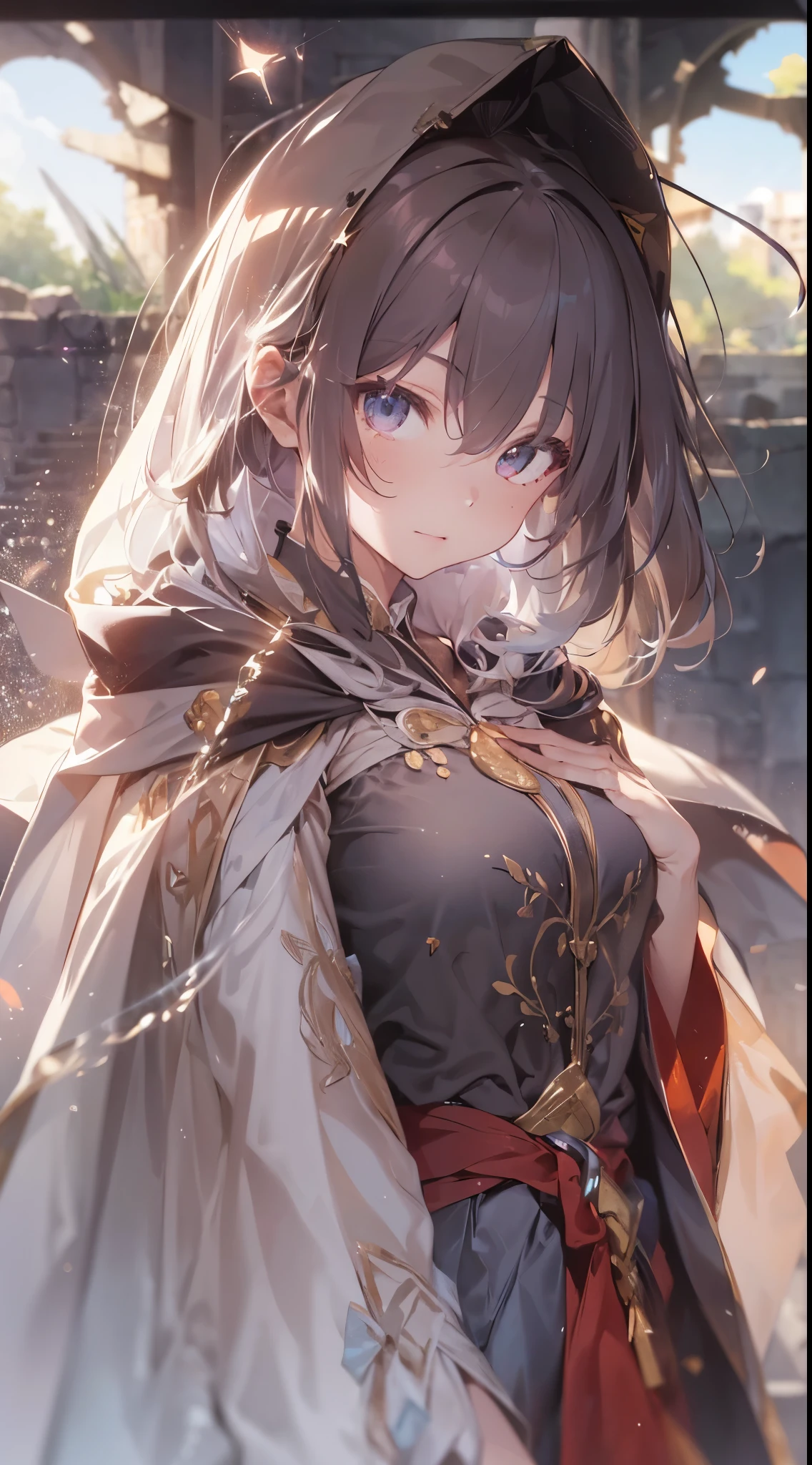 (Skindentation:1.5)、reallistic、Photorealsitic、(masuter piece:1.5)、Concept art、intricate-detail、A highly detailed、Photorealsitic、Octane Rendering、16k、Unreal Engine、Dynamic Pause、top-quality、hight resolution、(lifelike face:1.1)、 (surrealistic:1.3)、((full bodyesbian))、perfect eyes、(shinny skin:1.2)、(((hairstyle on)))、(((perfect hand)))、(highly detailed back ground)、((Moving background) )、((lightning))、(llight rays)、((girl))、solo、(Legendary magician:1.6)、skirt by the、Ankle-length、I'm wearing a cloak、(((flowing cloak)))、((finely eye、quality eyes、Quality face))、(extremely intricate robeagical robe)、bob cut hair、lightning、electricity、swirling fire、Radiant power、spark of light、fumo、magia、((Dramatic))、epicd、battle field、ruins、Detailed and deep ruins、Final Fantasy Yoshitaka Amano Background、Huge ruins in the plateau、depth of fields、Bokeh、16k、Gothic dress wearing、embers、(particle:1.5)、Blur the background