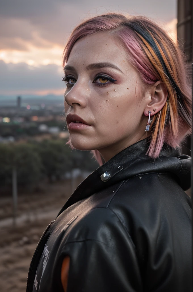 ((Best quality, 8k, Masterpiece: 1.3, realistic)), ((5120x1440)), 30 year old woman, ((Pink hair with orange/blue highlights)), Zombie apocalypse, Pistol holster strapped to leg, Assault rifle M4 on back, Machete in left hand, Desert Eagle Pistol in Right hand, Cargo pants, Hoodie, BodyArmor, backdrop of city burning, Looking at viewer, Dark and gloomy day, raining, sunset, depth of field, Detailed leather texture, Smoky atomsphere, (pale skin), ((Eye makeup, pink mascara)), ((large detailed lips)) (((ultra realistic))), masterpiece, Small nose, Multiple Ear Piercings, right side stud nose piercing, plain skin, Taken with Nikon Z 14mm ultra wide-angle, photography, radiant light rays, high resolution, detailed facial features, high detail, sharp focus, soft, aesthetic, very detailed, spooky atmosphere, smoke in sky, Burning, blood, cuts, scratches,