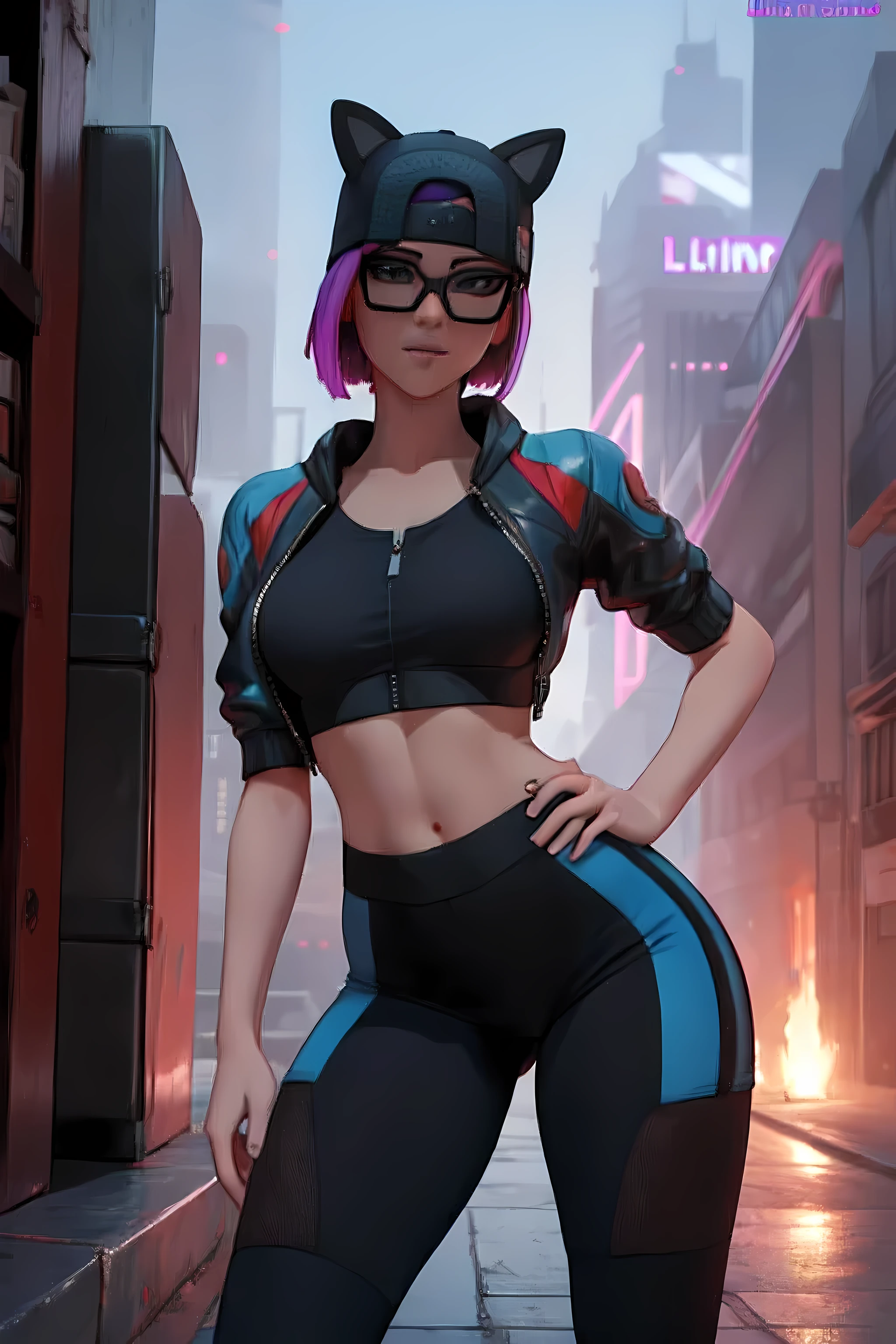 (masterpiece), (best quality), standing, (solo), looking at viewer, cyberpunk, high detailed,extremely detailed, fine eyes, smile,dynamic pose, short pink hair,cap,loose black v neck t shirt, jacket black,fingerless glove,curvy,glasses,(blue leggings),(portrait:1.2),