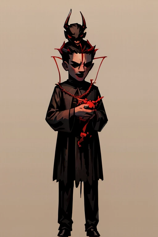 a boy with a somewhat demonic appearance with strings of puppets on his back, mini-demon, holding strings
