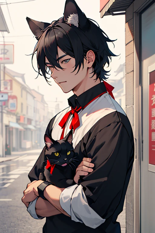Depiction of animals only。A cute black cat with a red ribbon tied around its neck