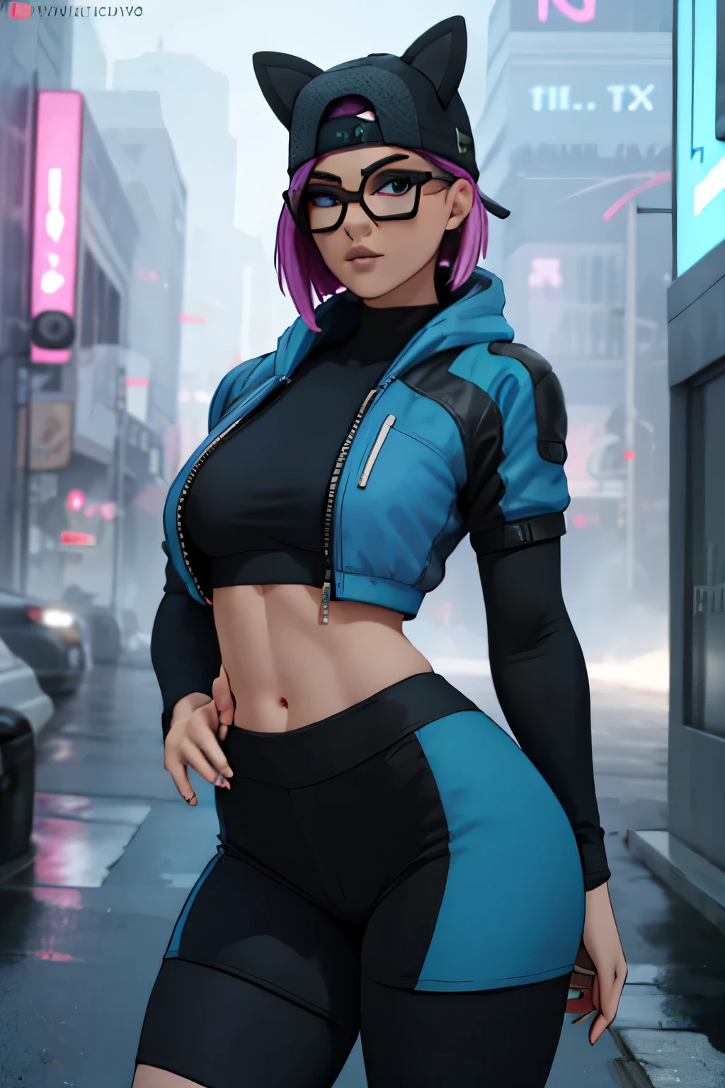 Traje de lino Cyberpunk, gorra, shorts negro con leggins Azul Marino, chaqueta azul marino ,Extremadamente detallado, rostro detallado, gafas ,hermoso rostro, ojos finos, mirando al espectador, pose fe******, Noche 