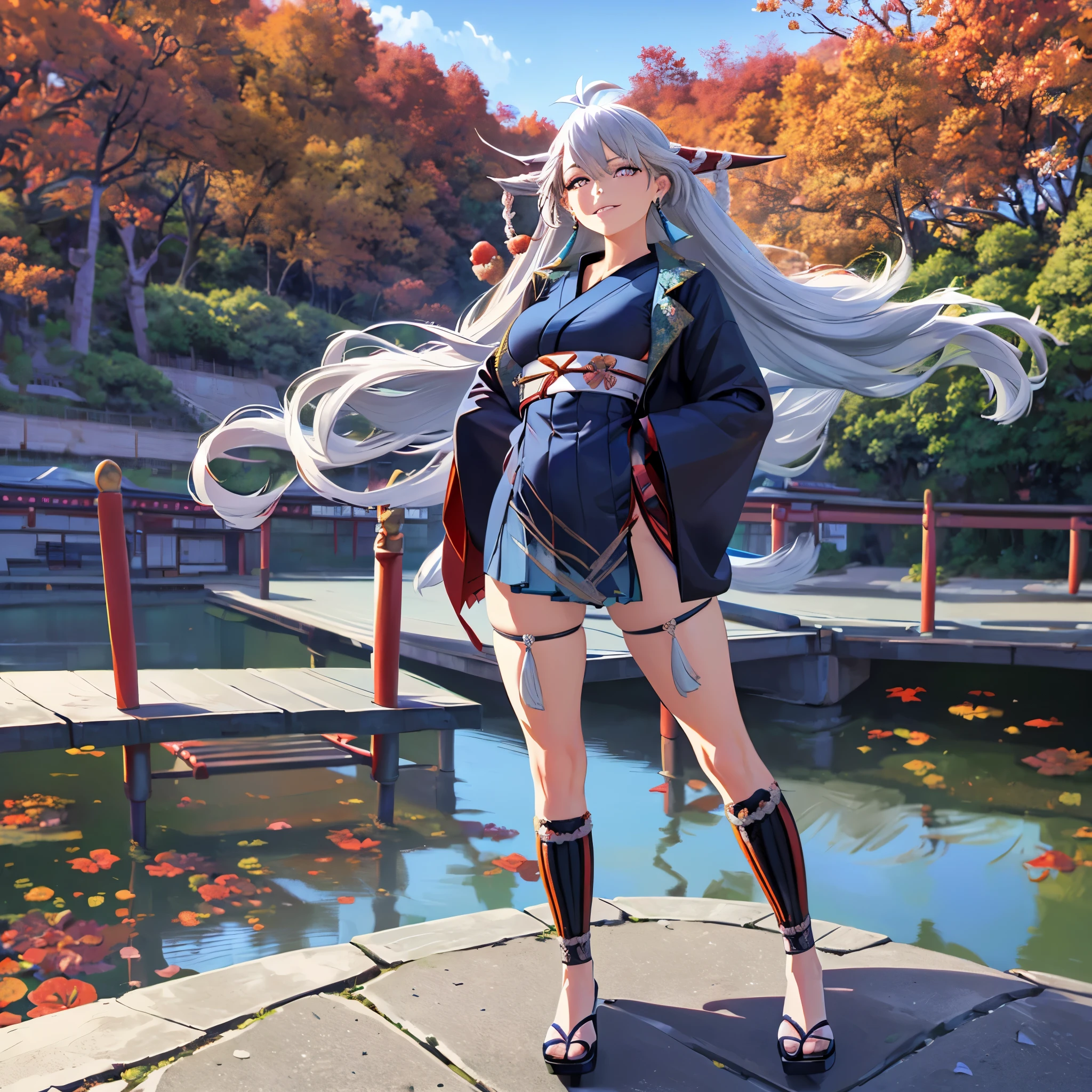 A (((woman in a traditional blue Japanese kimono))), with long flowing silver hair and striking mirrored eyes, standing on a ((traditional Japanese bridge)), short skirt, large breasts, superimposed on a (backdrop autumnal landscape of trees, leaves and a Japanese garden below), holding a large katana, against the backdrop of a (concrete road) and a beautiful cloudy sky