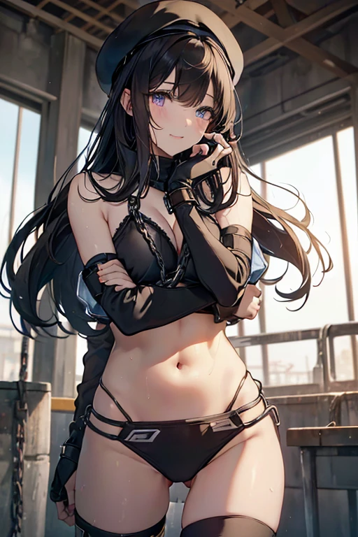 (Thynasha:1.2),dark blue hair,very long hair, purple eyes,(beautiful detailed eyes:1.0), extremely detailed face, perfect lighting, hair between eyes,bangs, (black beret, black jacket, open clothes, cleavage, midriff, black medium skirts, black thighhighs, thigh strap, fingerless gloves, single glove:1.2), Photo,sharpness, F1.6 lens,hyper-realistic textures,spectacular light textures, Cinestil 800 Fashion Mechanics,(((Beautiful woman with left leg restrained by chains))),Appearance,Beautiful girl with accentuated slender abs: 1.1,six-pack abs: 1.1, Bust Botox,Standing on tiptoe, long legs,Long brown hair fluttering in the wind,Brown hair, Long hair, Female Warrior Costume,(No panties,No bra),(tacticul battle fashion,elbow and knee tacticul battle fashion, battle glove: 1.1),((cute batre costume)),The belly comes out and the navel is visible,Thin sheer costume, combat gloves,shredded costumes,cyber long combat boots with golden knee pads,Anatomical,(futuristic sci-fi battle fashion, new elbow and knee cyberpads, new cyberlong boots, new cybergloves: 1.1),(tied perfectly by iron chain:1.3), Restraint, Slave, collars, contempt, (Chained), 4 chains hung from heaven, Metallic shackles and fetters, wet crotch clearly visible,((Hands are restrained above the head)), the neck is chained,Chain from left knee to heaven,Chained by rusty iron chains,((the tip is protruding, areolas protruding,The shape of the pubic harearea is clearly visible:0.9)),Sweating,Wet,Wet crotch,Wet thighs,Junkyard, Realistic, (cute, perfect clothes, skimpy clothes, cute: 1.3) ,Vast miritary base in us,((wide mirtary hospital with summer sunlight)), peeling ceilings, Rebar between, Realistic material details, Extreme details, Ultra-realistic materials,narrow waist,(with sparkling eyes and a contagious smile:0.9),looking at viewer,
