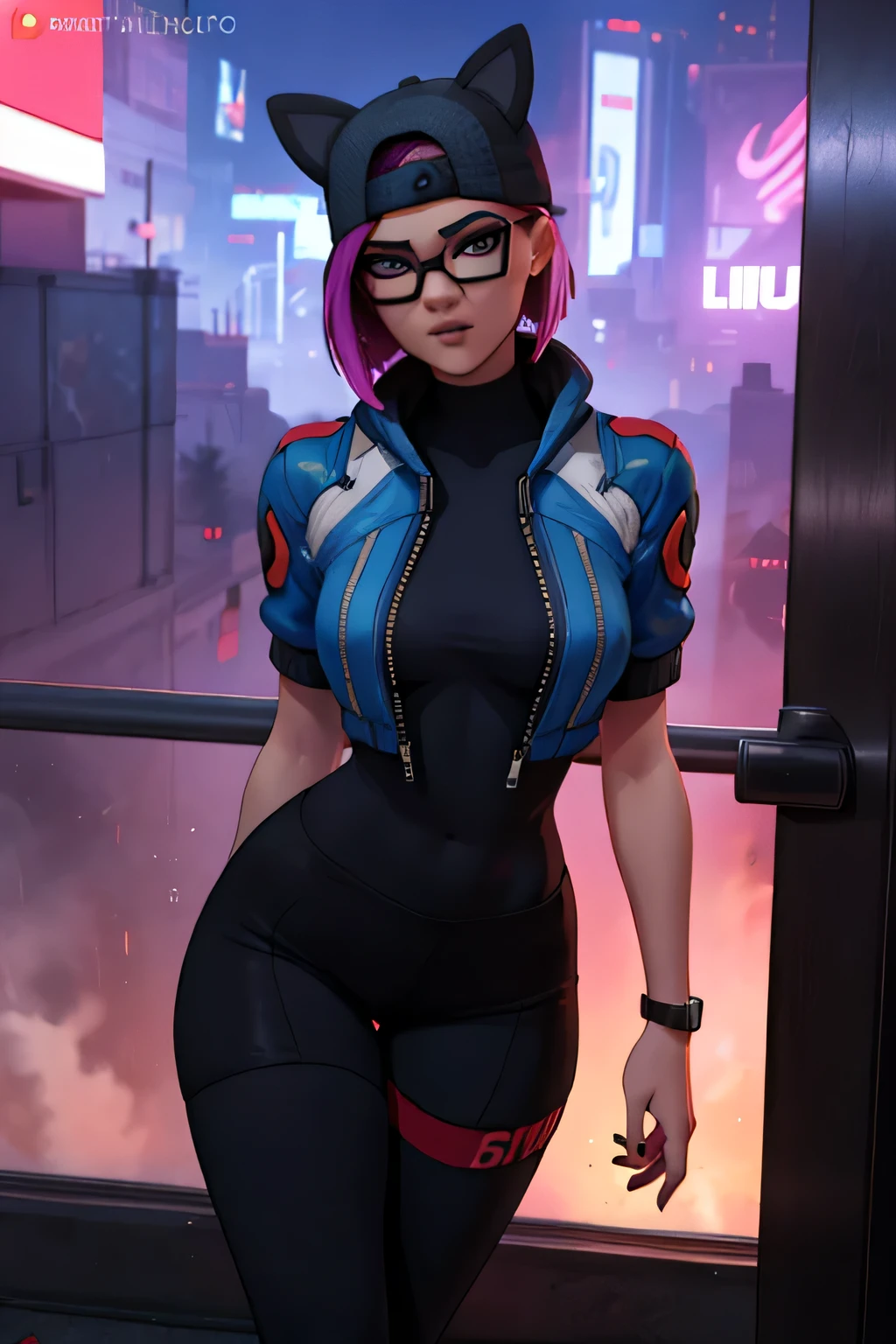Traje de lino Cyberpunk, gorra, shorts negro con leggins Azul Marino, chaqueta azul marino ,Extremadamente detallado, rostro detallado, gafas ,hermoso rostro, ojos finos, mirando al espectador, pose femenino, Noche 