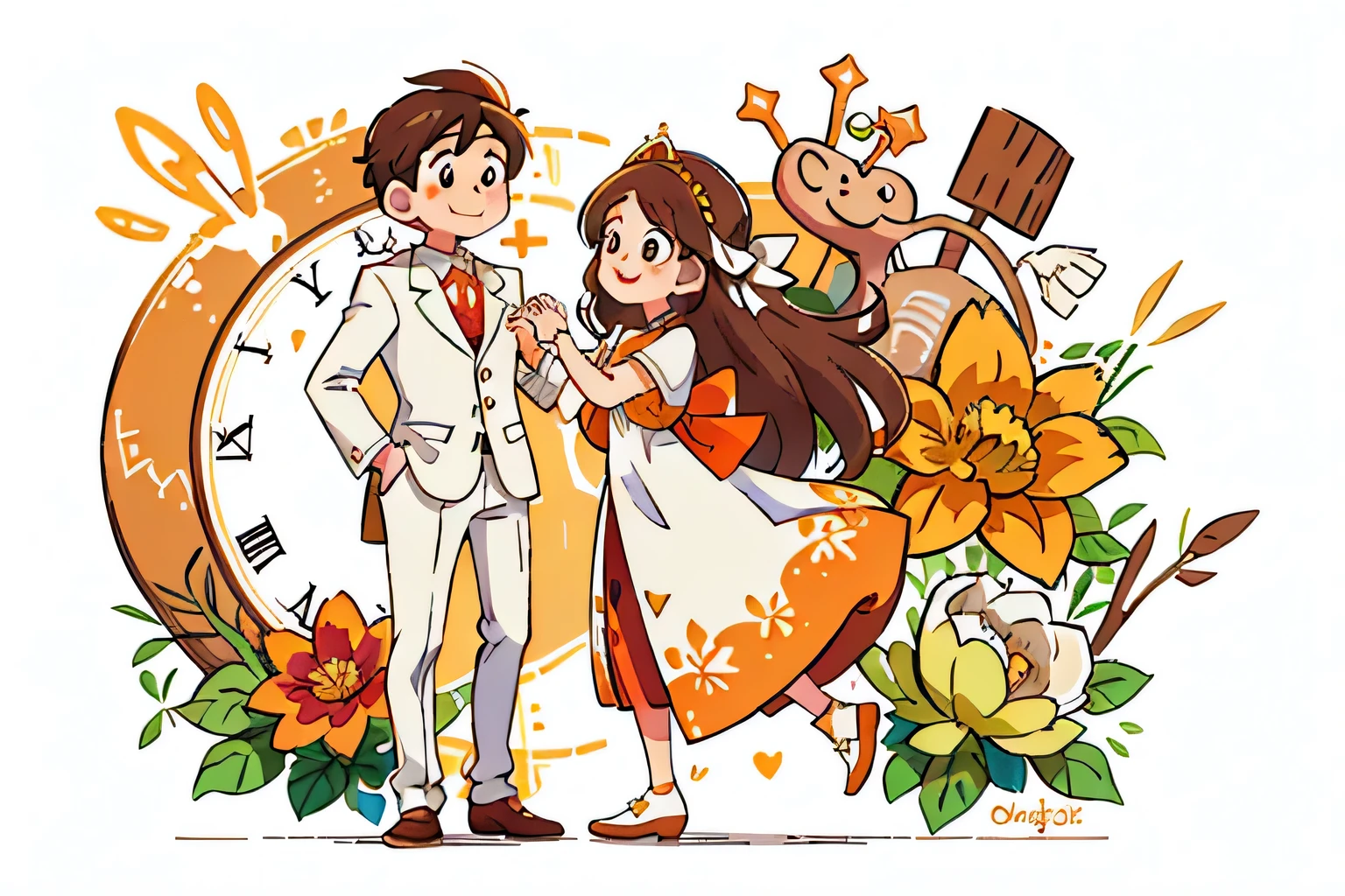 Girl with long brown hair,Wearing a white wedding suit,(with crown),oversized clock,Orange flowers,colorful,Dance(with love)happy(surrounded by love),O sign,vector,line art,design,inspiration,straight line,RHAD