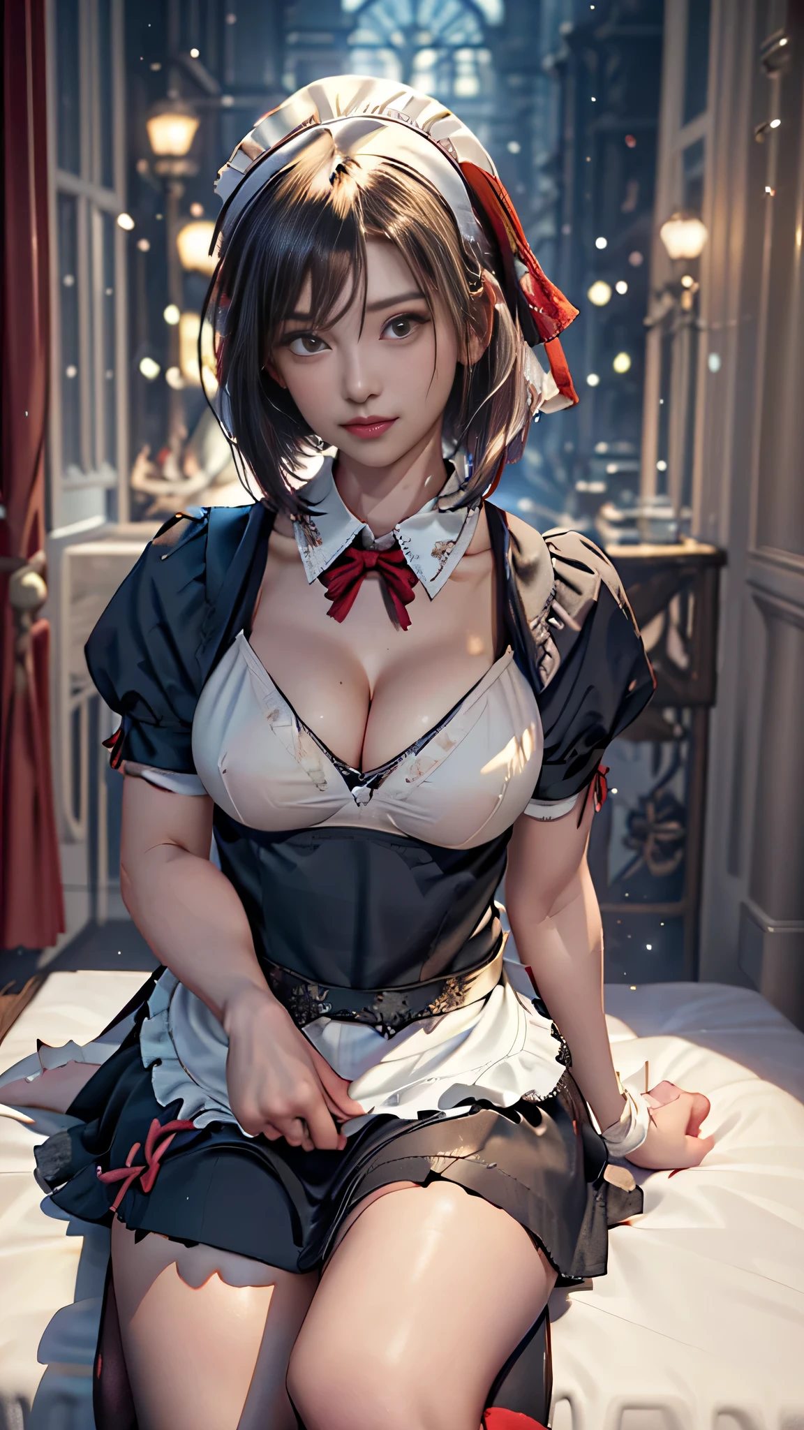(Close-up:1.4)、(RAW shooting:1.2)、(Photorealistic:1.4)、(masterpiece:1.3)、(highest quality:1.4)、One Girl、(Slender and beautiful girl)、(cute:1.2)、(Mid-breasted:1.2)、(Cleavage)、(????? nipples:1.2)、(full body shot)、In 8K、(Tabletop:1.2)、(ribbon、flare skirt、Knee-high socks:1.3)、Look at the viewers、blush、ribbon bondage、(Beautiful thighs)、(Short Bob:1.2)、(Maid clothes:1.3)、(Sexy pose:1.2)、obscene、??????、cute、Ancient City、