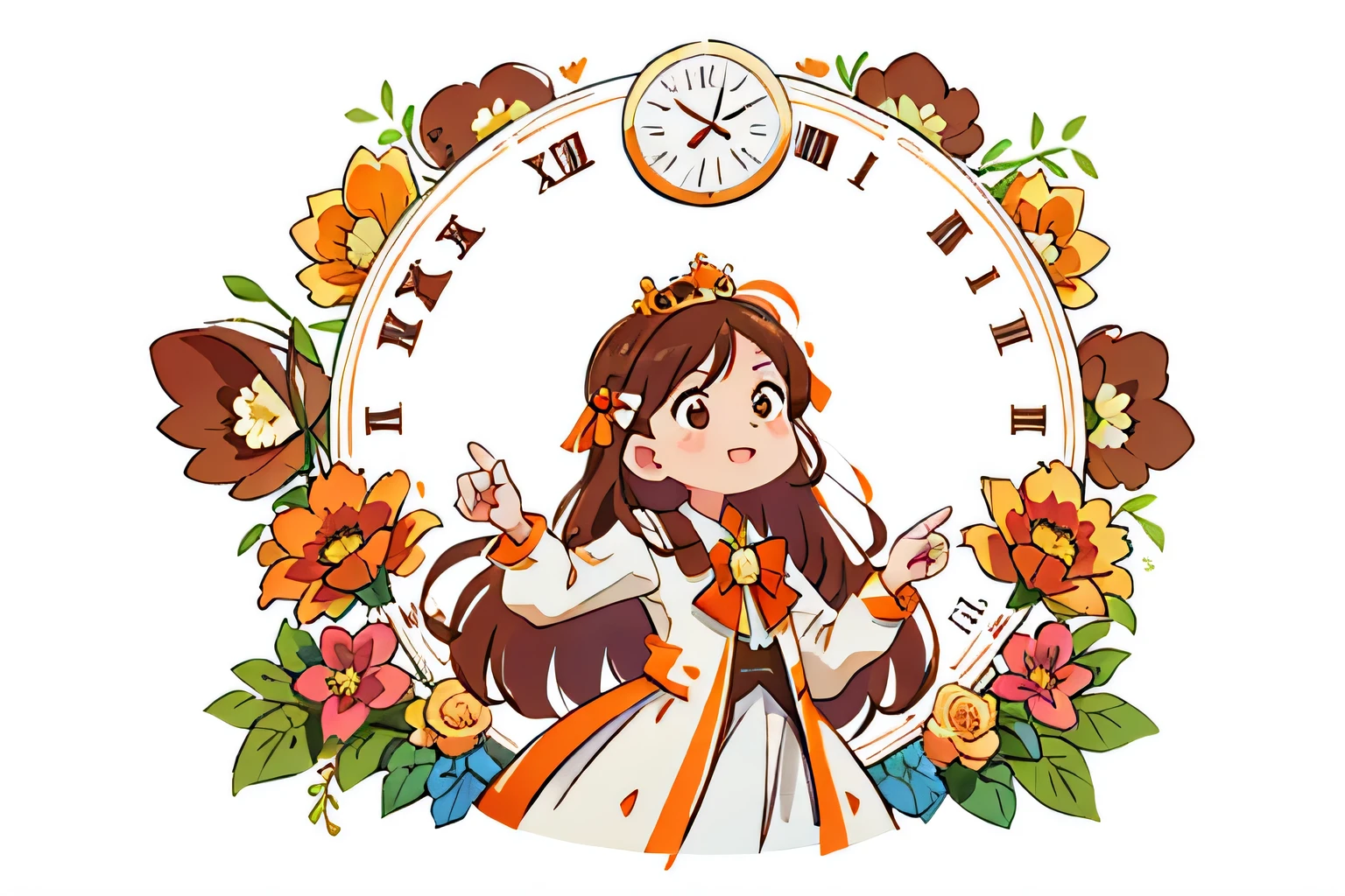 Girl with long brown hair，Wearing a white wedding suit，（with crown），oversized clock，Orange flowers，colorful，Dance（with love）happy（surrounded by love），O sign，vector，line art，design，inspiration，straight line，RHAD