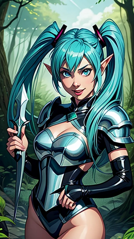 1girl, 25 years old, hatsune miku, elf, elf ears, cheerful expression, cute leather armor, holding a silver dagger, long hair, fantasy forest background, twintails, solo, hair ornament, blue eyes, blue hair
