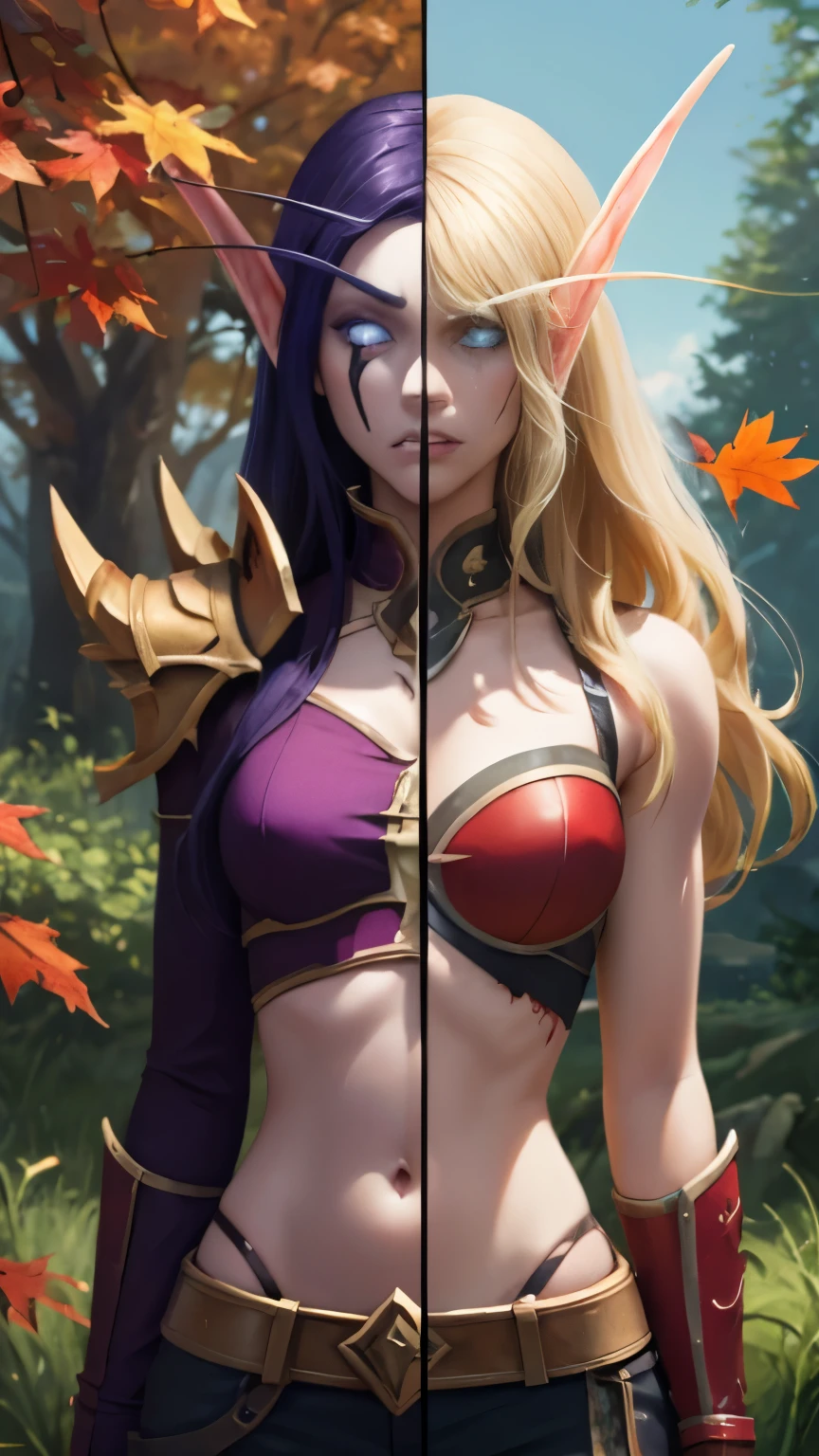 (Masterpiece, highly detailed, highly quality, highly resolutions), SplitScreen, split screen, BREAK nightelf, angry, clenched teeth, scars on face, glowing eyes, blue eyes, Purple Hair, colored skin, mature female, purple midriff, navel, purple spike shoulder pad, platinum trim, green leaves, looking at viewer, forest, night, bare shoulders, spring season, SplitScreen, split screen, BREAK bldelf, angry, clenched teeth, blood strains on faces, glowing eyes, yellow eyes, Blonde hair, colored sclera, mature female, red short shirt, navel, red shoulder pad, gold trim, yellow leaves, looking at viewer, forest, day, bare shoulders, Fall season