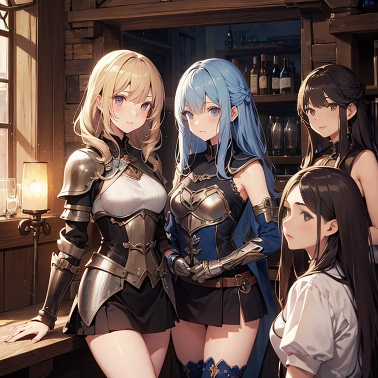 A group of  female medieval fantasy adventurers, (in tavern), various hair styles, harem, night, details face, short skirt, seducing, sleeveless, armor