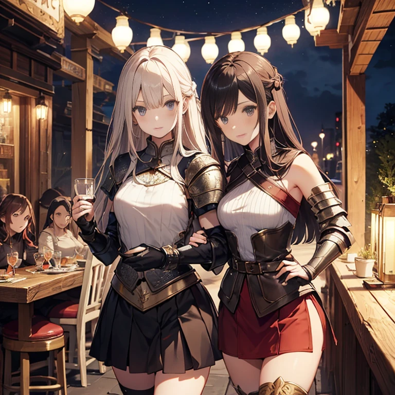 A group of female medieval fantasy adventurers, (in tavern), various hair styles, harem, night, details face, short skirt, seducing, sleeveless, armor, armpits