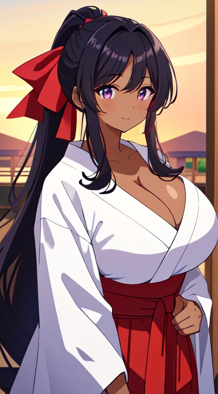 masterpiece, best quality, anime Illustration, 4k, 1 girl, solo, standing, long hair, black hair, violet eyes, high ponytail, Red hair ribbon, red hakama and white kimono, cleavage, bursting cleavage, big breasts, huge breasts, looking_at_viewer, motherly smile, upper_body, dark skin, ((Village background:1.0)), ((dark skin: 1.5)), , ((parted bangs: 1.4)),  parted bangs, large forehead