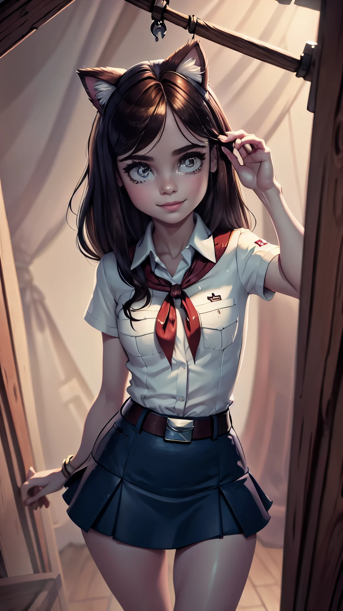 8k, high detailed picture, masterpice, very young girl, slim fit girl, (full body shot:1.2), (rounded face:1.2), very long disheveled dark brown hair, big brown eyes, shy smile, accurate eyebrows, perfect small breast, band on head with fake cat ears, parororo, pioneer neckerchief, blue thight microskirt, bangs, shirt, collarbone, white shirt, short sleeves, (collared shirt:1.3), belt, eyelashes, (red neckerchief:1.1), breast pocket, accurate small snub nose, ariawm, (lock of hair hangs down between the eyes:1.2) 