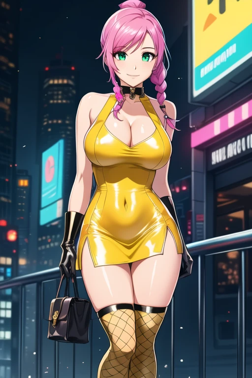 1 girl, 19 years old, Long pink hair, green eyes with slit pupils, master-piece, best quality, (standing up), (hair in a high pony braid), (yellow tight dress), (yellow short fishnet dress, black gloves, patent leather high heel boots, cleavage),  (Big , ultra gigantic , Super super big, Glamorous body), Make eye contact with the camera, front figure, looking forward, (light_Smile:1.5), (Detailed hands and fingers:1.2) (Cyberpunk City), (FULL BODYSHOT), thighs thighs thighs thighs、beauty legs、Bare legs