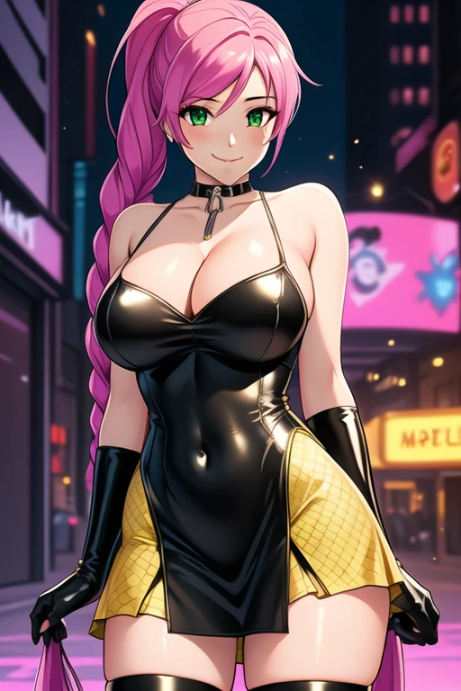 1 girl, 19 years old, Long pink hair, green eyes with slit pupils, master-piece, best quality, (standing up), (hair in a high pony braid), (yellow tight dress), (yellow short fishnet dress, black gloves, patent leather high heel boots, cleavage), (Big , ultra gigantic , Super super big, Glamorous body), Make eye contact with the camera, front figure, looking forward, (light_Smile:1.5), (Detailed hands and fingers:1.2) (Cyberpunk City), (FULL BODYSHOT), thighs thighs thighs thighs、beauty legs、Bare legs
