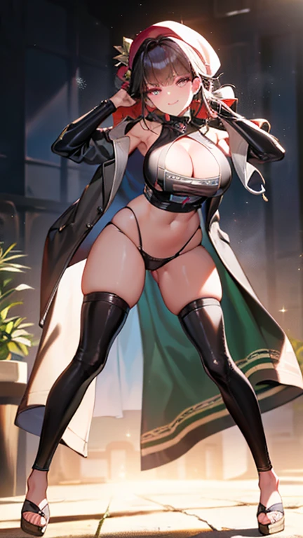 ubel,((ubel of Frieren: Beyond Journey's End )),dark green hair,long hair,side ponytail,hair between eyes,bangs, (miritary beret, black jacket, open clothes, cleavage, midriff, black shorts, black thighhighs, thigh strap, fingerless gloves, single glove:1.2) , (dynamic angle:1.3, front view:1.1, breast focus:1.3, from below:1.2), (dynamic posing:1.5, sexy posing:1.2, leaning forward), (seductive smiling:1.3),(*K) HD, highest quality, WorKs of masters, High resolution, spread legs, panties shot,1 girl, small nose,(with sparkling eyes and a contagious smile), very beautiful detailed face and eyes, bright colors, cute face, delicate beautiful face, Bright magenta eyes, cute eyes, sparkling eyes, Big eyes, (big breasts:1.3), (perky chest:1.1), (pointed chest:1.0), medium hips, glamorous body, white skin, smile, thin pubric hair, shiny hair, super beautiful face, Super beautiful eyes, Super beautiful hair,trendy outfit,sexy and attractive,explosion of colors,big hairpin,full body esbian,illegal occupation, Real World, Natural light,perfect Natural light,looking at viewer,