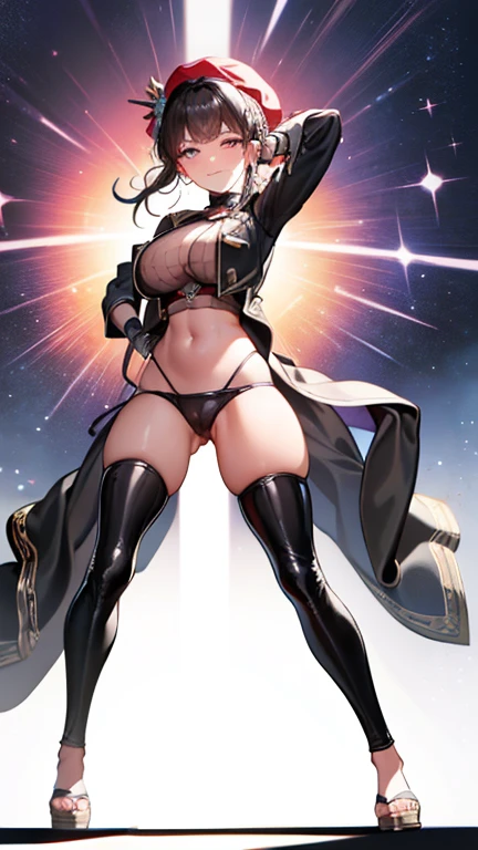 ubel,((ubel of Frieren: Beyond Journey's End )),dark green hair,long hair,side ponytail,hair between eyes,bangs, (miritary beret, black jacket, open clothes, cleavage, midriff, black shorts, black thighhighs, thigh strap, fingerless gloves, single glove:1.2) , (dynamic angle:1.3, front view:1.1, breast focus:1.3, from below:1.2), (dynamic posing:1.5, sexy posing:1.2, leaning forward), (seductive smiling:1.3),(*K) HD, highest quality, WorKs of masters, High resolution, spread legs, panties shot,1 girl, small nose,(with sparkling eyes and a contagious smile), very beautiful detailed face and eyes, bright colors, cute face, delicate beautiful face, Bright magenta eyes, cute eyes, sparkling eyes, Big eyes, (big breasts:1.3), (perky chest:1.1), (pointed chest:1.0), medium hips, glamorous body, white skin, smile, thin pubric hair, shiny hair, super beautiful face, Super beautiful eyes, Super beautiful hair,trendy outfit,sexy and attractive,explosion of colors,big hairpin,full body esbian,illegal occupation, Real World, Natural light,perfect Natural light,looking at viewer,