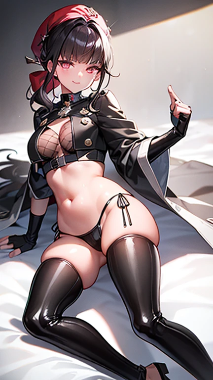 ubel,((ubel of Frieren: Beyond Journey's End )),dark green hair,long hair,side ponytail,hair between eyes,bangs, (miritary beret, black jacket, open clothes, cleavage, midriff, black shorts, black thighhighs, thigh strap, fingerless gloves, single glove:1.2) , (dynamic angle:1.3, front view:1.1, breast focus:1.3, from below:1.2), (dynamic posing:1.5, sexy posing:1.2, leaning forward), (seductive smiling:1.3),(*K) HD, highest quality, WorKs of masters, High resolution, spread legs, panties shot,1 girl, small nose,(with sparkling eyes and a contagious smile), very beautiful detailed face and eyes, bright colors, cute face, delicate beautiful face, Bright magenta eyes, cute eyes, sparkling eyes, Big eyes, (big breasts:1.3), (perky chest:1.1), (pointed chest:1.0), medium hips, glamorous body, white skin, smile, thin pubric hair, shiny hair, super beautiful face, Super beautiful eyes, Super beautiful hair,trendy outfit,sexy and attractive,explosion of colors,big hairpin,full body esbian,illegal occupation, Real World, Natural light,perfect Natural light,looking at viewer,