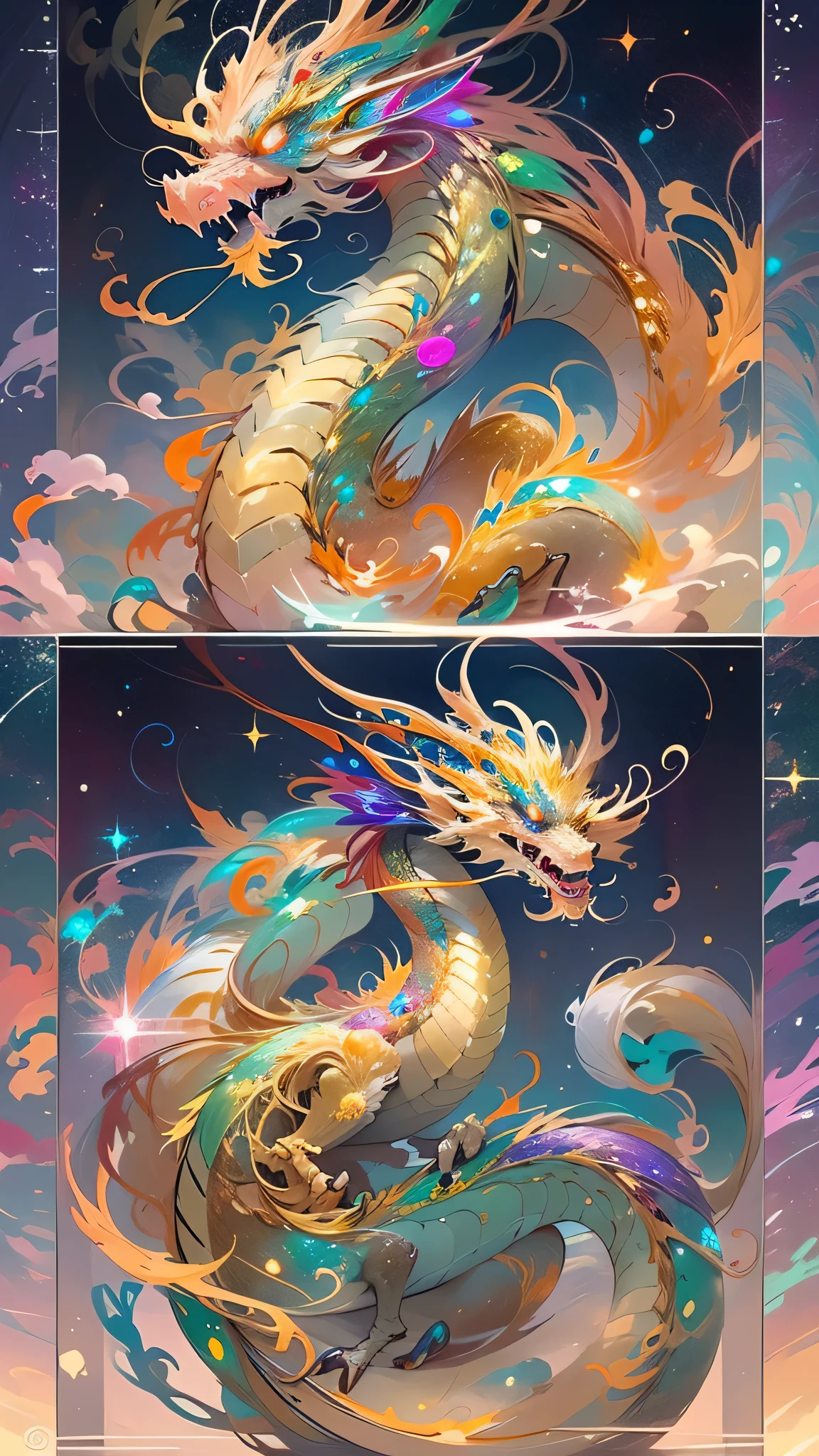 Golden Dragon。Rainbow glowing scales。The dragon god is coming。Golden Splash、Milky Way、god々々right、front、eyesight、Eyes Shining、View front