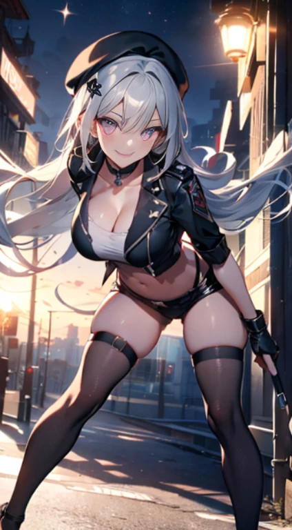 ubel,((ubel of Frieren: Beyond Journey's End )),dark green hair,long hair,side ponytail,hair between eyes,bangs, (miritary beret, black jacket, open clothes, cleavage, midriff, black shorts, black thighhighs, thigh strap, fingerless gloves, single glove:1.2) , (dynamic angle:1.3, front view:1.1, breast focus:1.3, from below:1.2), (dynamic posing:1.5, sexy posing:1.2, leaning forward), (seductive smiling:1.3),(*K) HD, highest quality, WorKs of masters, High resolution, spread legs, panties shot,1 girl, small nose,(with sparkling eyes and a contagious smile), very beautiful detailed face and eyes, bright colors, cute face, delicate beautiful face, Bright magenta eyes, cute eyes, sparkling eyes, Big eyes, (big breasts:1.3), (perky chest:1.1), (pointed chest:1.0), medium hips, glamorous body, white skin, smile, thin pubric hair, shiny hair, super beautiful face, Super beautiful eyes, Super beautiful hair，trendy outfit，sexy and attractive，explosion of colors，big hairpin，full body esbian，illegal occupation, Real World, Natural light,perfect Natural light,looking at viewer,