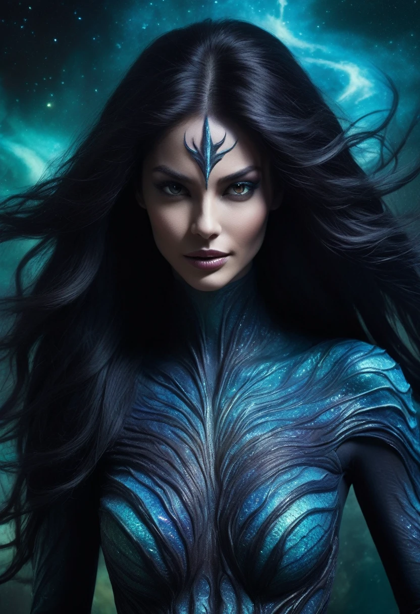 (High resolution,realistic,sharp focus),Humanoid alien creature with a vertically split face forming a mouth shape,beautiful woman like predatory creature,Alien/monster hybrid,scary hunter,[cosmic,extraterrestrial] There is organic matter,otherworldly predator,beyond life,beautiful wavy long black hair,shining eyes,intense sight,[elegant,grace],enchanting facial features,[sharp,pointed,elongated] teeth,[toxic,toxic] tooth,intense,enchanting smile,Smooth yet muscular body,[curve,shape] There is a ghostly acquaintance,[grace,Towering],Alien skin texture resembling iridescent scales,[ethereal,luminescent] shine,[Evil,Unlucky] aura,Slurping,bipedal walking,[tranquility,predatory] enchanting footsteps,(hypnotic dance),[spooky,Unforgettable] graceful,contrasting colors,[darkness,Shadow] (hugging a living thing),Cosmic Horror,Dystopian background landscape,[cosmic,Milky Way] background, celestial bodies,pulsating clouds,[extraterrestrial,surreal] vegetation, [filtering,caress] scene,dramatic chiaroscuro lighting,penetrating the darkness,Create an intimate yet frightening atmosphere.