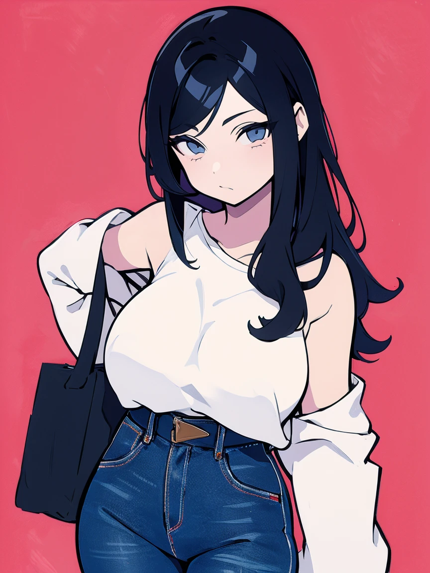 Sexy naked girl with long black hair without bangs and big wearing a white off-shoulder sweater, blue jeans, brincos e pequena bolsa de ombro