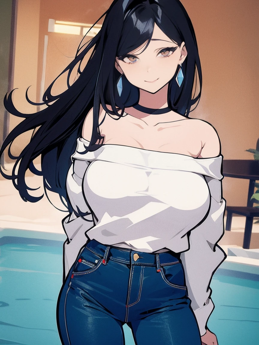 Sexy naked girl with long black hair without bangs and big wearing a white off-shoulder sweater, blue jeans, brincos e pequena bolsa de ombro