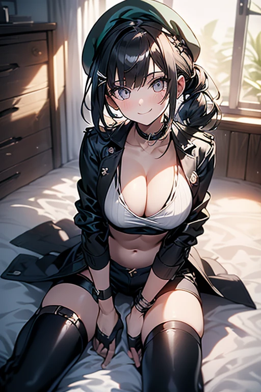 ubel,((ubel of Frieren: Beyond Journey's End )),dark green hair,long hair,side ponytail,hair between eyes,bangs, (miritary beret, black jacket, open clothes, cleavage, midriff, black shorts, black thighhighs, thigh strap, fingerless gloves, single glove:1.2) , (dynamic angle:1.3, front view:1.1, breast focus:1.3, from below:1.2), (dynamic posing:1.5, sexy posing:1.2, leaning forward), (seductive smiling:1.3),(*K) HD, highest quality, WorKs of masters, High resolution, spread legs, panties shot,1 girl, small nose,(with sparkling eyes and a contagious smile), very beautiful detailed face and eyes, bright colors, cute face, delicate beautiful face, Bright magenta eyes, cute eyes, sparkling eyes, Big eyes, (big breasts:1.3), (perky chest:1.1), (pointed chest:1.0), medium hips, glamorous body, white skin, smile, thin pubric hair, shiny hair, super beautiful face, Super beautiful eyes, Super beautiful hair,trendy outfit,sexy and attractive,explosion of colors,big hairpin,full body esbian,illegal occupation, Real World, Natural light,perfect Natural light,looking at viewer,