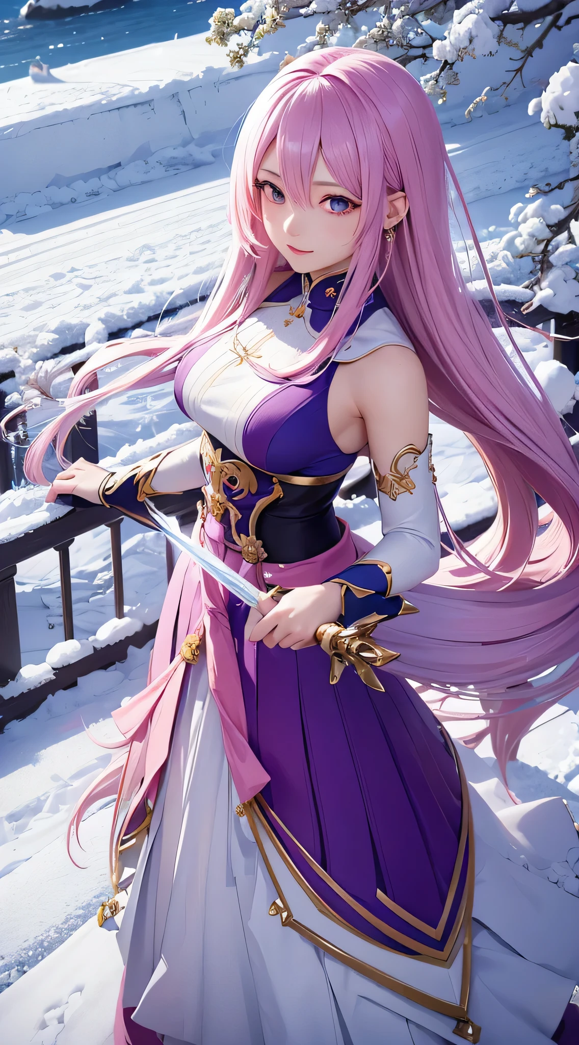 Extreme Detail, perfection, aerial photograph, Like a work of art, Anime girl with ice and snow sword, Her pink hair and long purple skirt complement each other well., Ayaka Genshin gazing into the distance, Leading to the world of Genshin.
