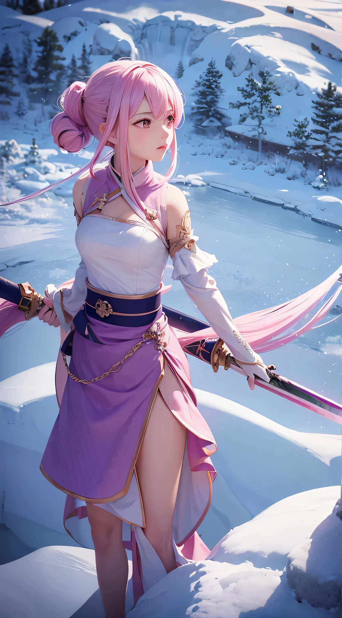 Extreme Detail, perfection, aerial photograph, Like a work of art, Anime girl with ice and snow sword, Her pink hair and long purple skirt complement each other well., Ayaka Genshin gazing into the distance, Leading to the world of Genshin.