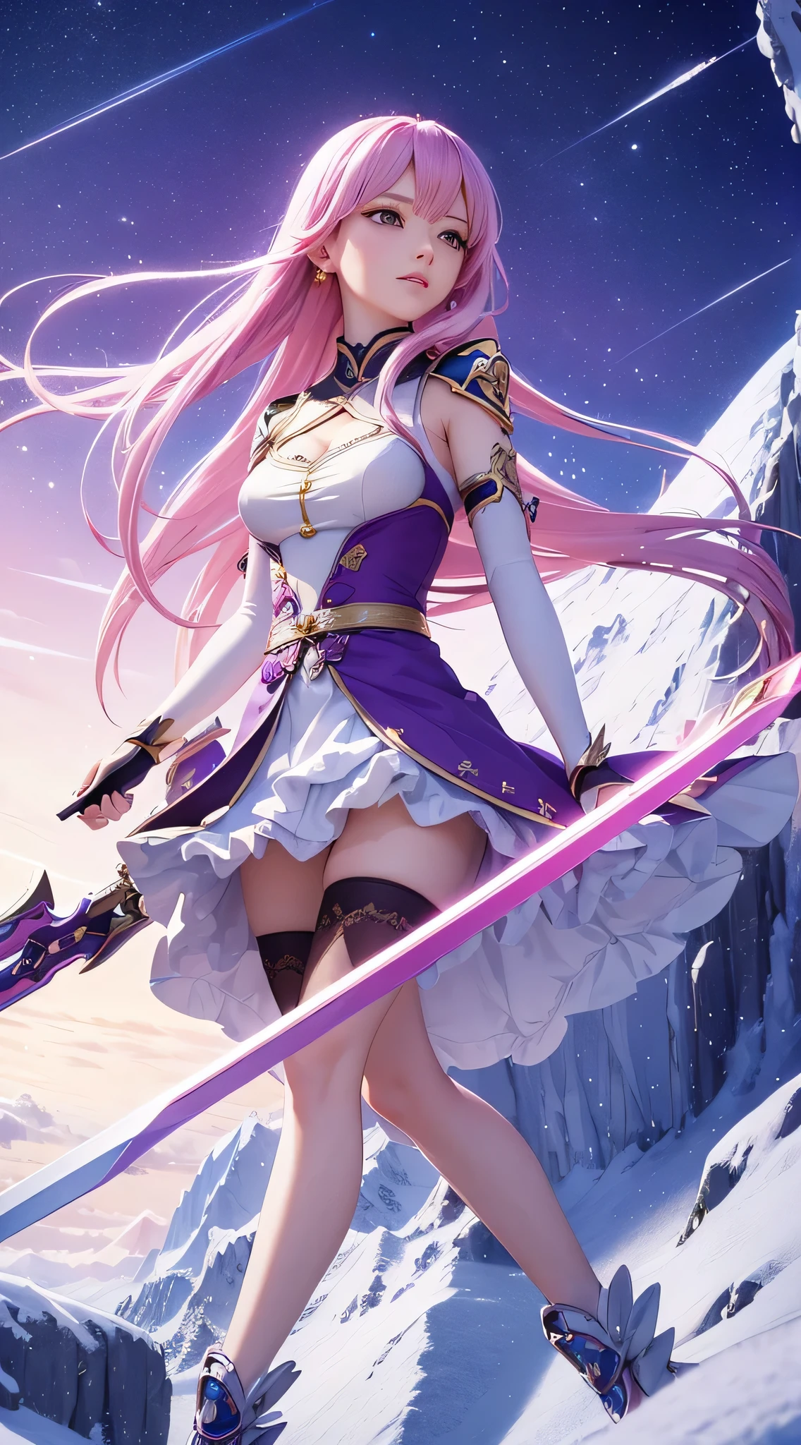 Extreme Detail, perfection, aerial photograph, Like a work of art, Anime girl with ice and snow sword, Her pink hair and long purple skirt complement each other well., Ayaka Genshin gazing into the distance, Leading to the world of Genshin.