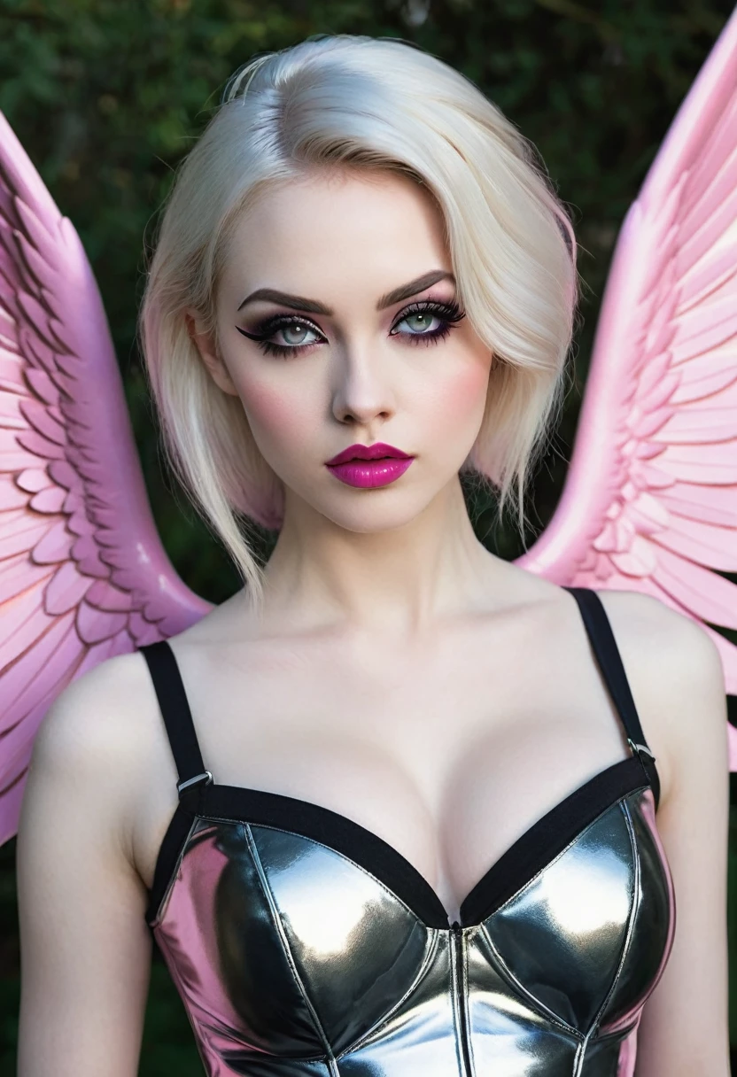 Hyper photo realistic picture perfect, goddess gothic angle, perfect face, high cheek bones, thin curved eyebrows, long luscious eyelashes, think eyeliner, eye shadow, natural tone makeup, pink cheek bone makeup, pale skin, lipstick, beautiful facial features, think curved lips, anglic armor, perky little titties, slim waist, hips, toned ass, light thighs, high heels, large angle wings