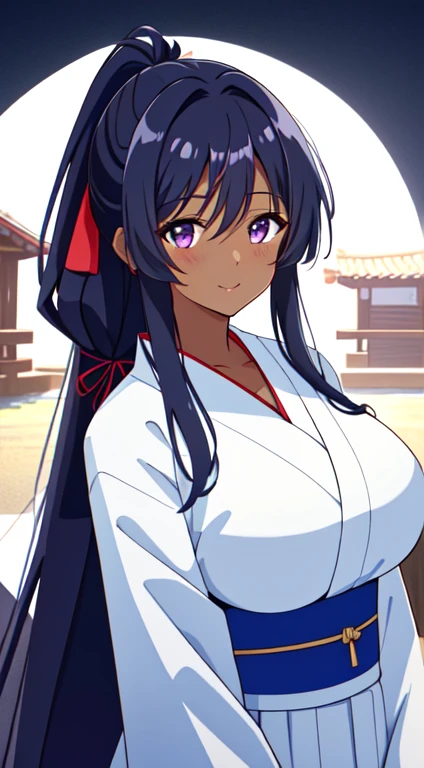 masterpiece, best quality, anime Illustration, 4k, 1 girl, solo, standing, long hair, black hair, violet eyes, high ponytail, blue hair ribbon, blue hakama and white kimono, big breasts, huge breasts, looking_at_viewer, motherly smile, upper_body, dark skin, ((Village background:1.0)), ((dark skin: 1.5)), , ((parted bangs: 1.4)),  parted bangs, large forehead