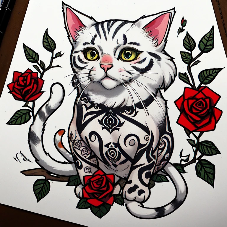 Traditional Tattoo Flash、Old School Tattoo Design、(White cat)、Roses