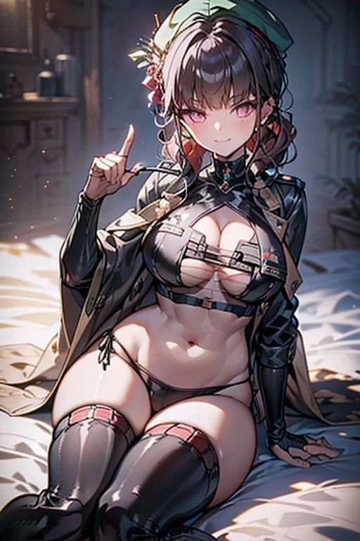 ubel,((ubel of Frieren: Beyond Journey's End )),dark green hair,long hair,side ponytail,hair between eyes,bangs, (miritary beret, black jacket, open clothes, cleavage, midriff, black shorts, black thighhighs, thigh strap, fingerless gloves, single glove:1.2) , (dynamic angle:1.3, front view:1.1, breast focus:1.3, from below:1.2), (dynamic posing:1.5, sexy posing:1.2, leaning forward), (seductive smiling:1.3),(*K) HD, highest quality, WorKs of masters, High resolution, spread legs, panties shot,1 girl, small nose,(with sparkling eyes and a contagious smile), very beautiful detailed face and eyes, bright colors, cute face, delicate beautiful face, Bright magenta eyes, cute eyes, sparkling eyes, Big eyes, (big breasts:1.3), (perky chest:1.1), (pointed chest:1.0), medium hips, glamorous body, white skin, smile, thin pubric hair, shiny hair, super beautiful face, Super beautiful eyes, Super beautiful hair,trendy outfit,sexy and attractive,explosion of colors,big hairpin,full body esbian,illegal occupation, Real World, Natural light,perfect Natural light,looking at viewer,