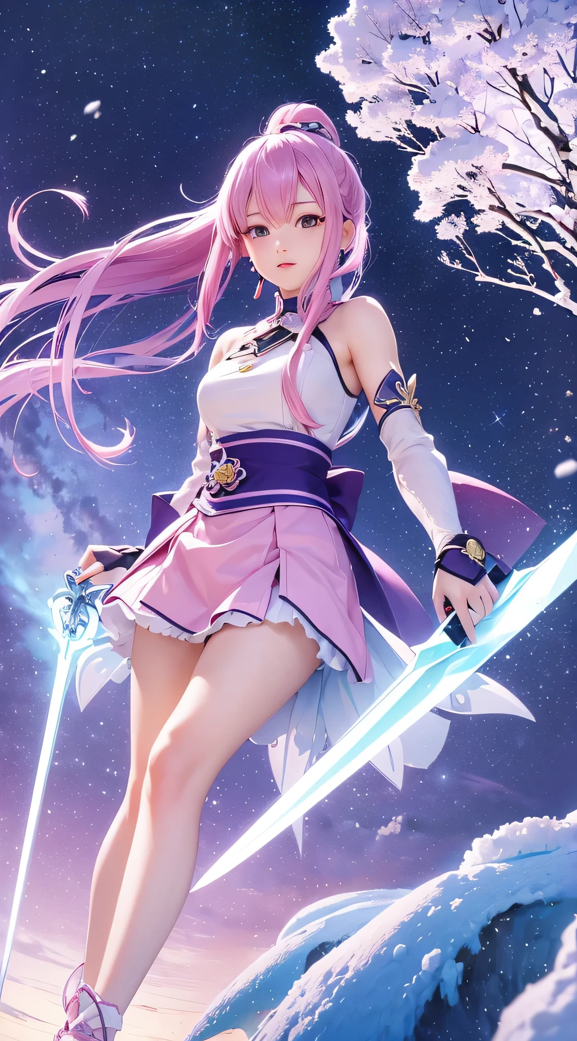 Extreme Detail, perfection, aerial photograph, Like a work of art, Anime girl with ice and snow sword, Her pink hair and long purple skirt complement each other well., Ayaka Genshin gazing into the distance, Leading to the world of Genshin.