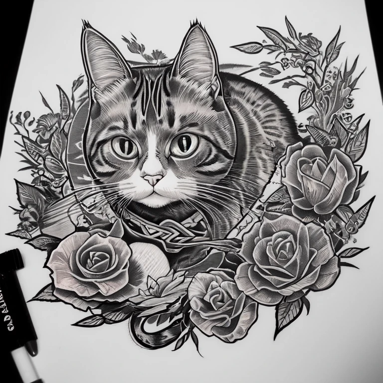 Traditional Tattoo Flash、Old School Tattoo Design、(Cat)