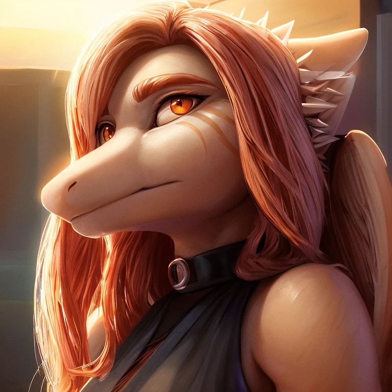 (best quality,4k,8k,highres,masterpiece:1.2),ultra-detailed,(realistic,photorealistic,photo-realistic:1.37),detailed facial features,vivid colors,scaly skin,sharp focus,studio lighting,inside walmart,portrait of Fang the female pterodactylus,black clothes with a walmart vest,choker accessory,open eyes with orange gaze and long eyelashes,hair blowing in the wind with fine details,beautifully spread wings,orange eyes with a realistic touch,deep and vibrant colors, HDR effect, illuminated by studio lighting.