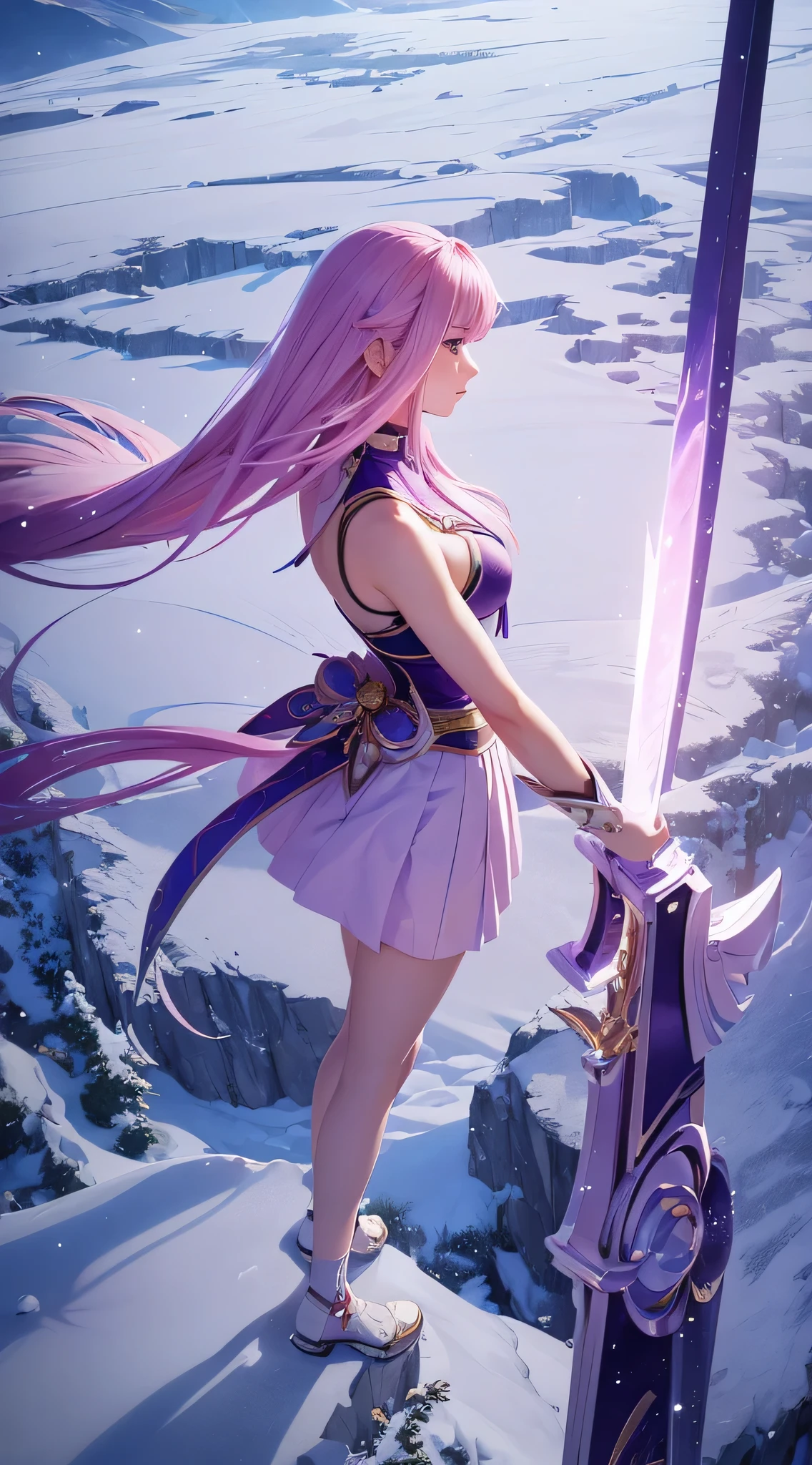 Extreme Detail, perfection, aerial photograph, Like a work of art, Anime girl with ice and snow sword, Her pink hair and long purple skirt complement each other well., Ayaka Genshin gazing into the distance, Leading to the world of Genshin.