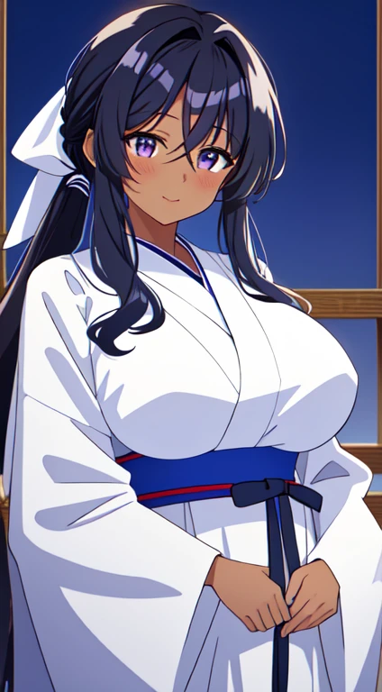 masterpiece, best quality, anime Illustration, 4k, 1 girl, solo, standing, long hair, black hair, violet eyes, high ponytail, red hair ribbon, red ribbon, red hakama and white kimono, thin fabric, nipples, erect nipples, big breasts, huge breasts, looking_at_viewer, motherly smile, upper_body, dark skin, ((Village background:1.0)), ((dark skin: 1.5)), , ((parted bangs: 1.4)), parted bangs, large forehead, purple eyes, red hakama