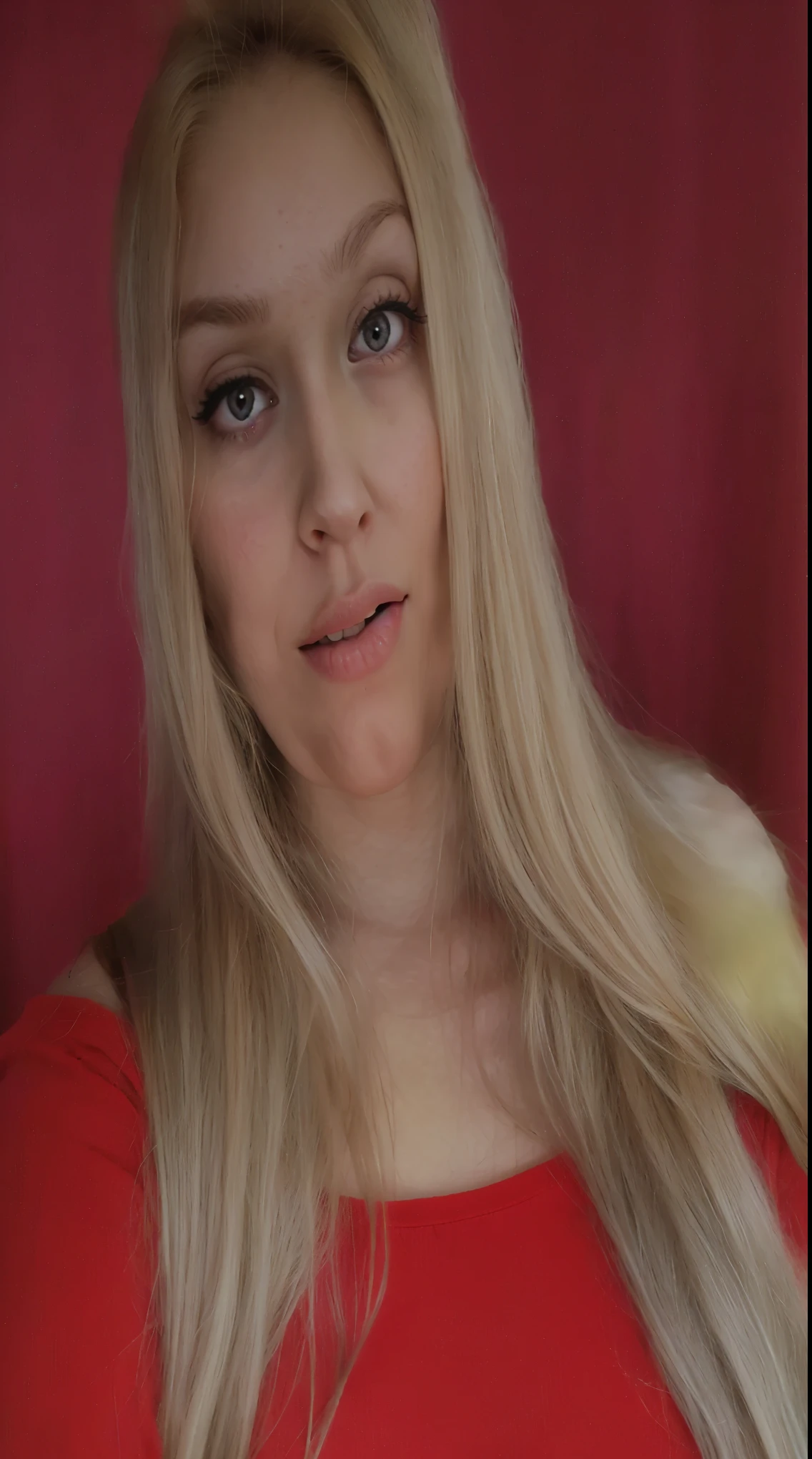 blond woman with long hair and red shirt posing for a picture, long blonde hair and large eyes, 18 years old, with long blond hair, angelawhite, extremely long thick blond hair, long blonde hair and big eyes, blonde hair and large eyes, blonde and attractive features, lorena avarez, 2 4 year old female model, ava max, open mouth, sexy body