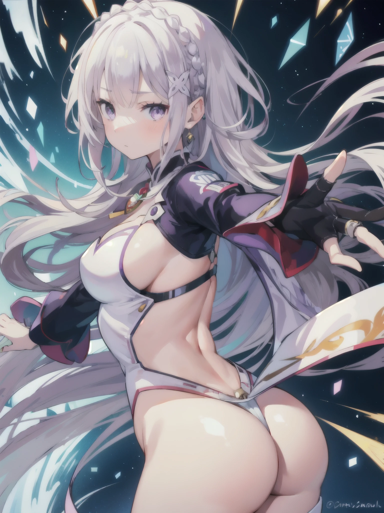 (butt), (sexy girl), Emilia re:zero, purple eyes, Emilia, crown braid, x hair ornament, flower hair ornament, white hair, long hair, medium breasts, masterpiece, best quality, 1girl, bangs, blush, ear piercing, eyebrows visible through hair, jewelry, long hair, looking at the viewer, bright eyes, ring, (solo), illustration, fashionable, woman, posing, background, elements, confident, expression, accessory, majestic, eye-catching, focus, dynamic pose, ((thin))