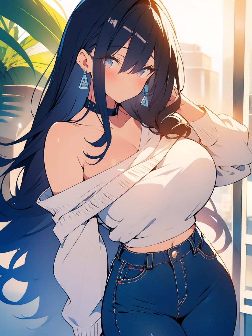 Sexy naked girl with long black hair without bangs and big wearing a white off-shoulder sweater, blue jeans, brincos e pequena bolsa de ombro