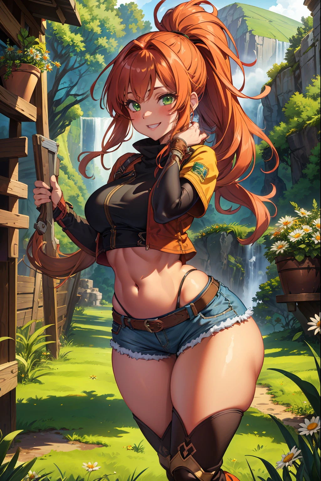 (extremely detailed CG unity 4k wallpaper),(masterpiece),(best quality),(ultra-detailed),(best illustration),(best shadow),(absurdres),(detailed background), Red long hair (Ponytail), green eyes, Daisy dukes, Smiling, Boots, farm, wide hips, big ass, thick thighs, small breasts, toned body, 5 girls,